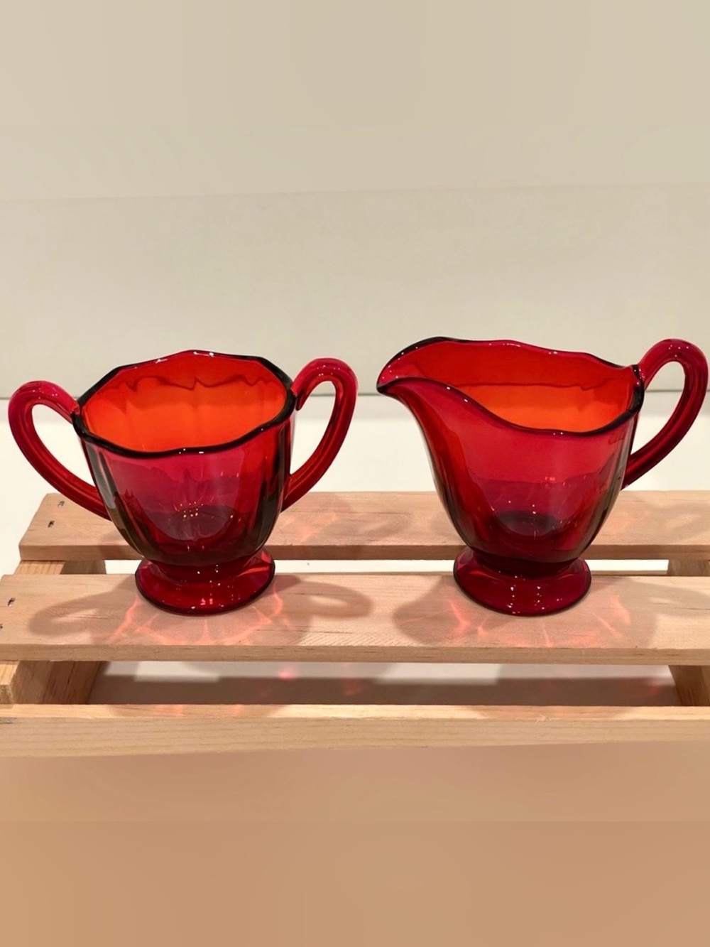 Fostoria “Fairfax Ruby” Red Cranberry Glass Creamer & Open Sugar Set | EUC